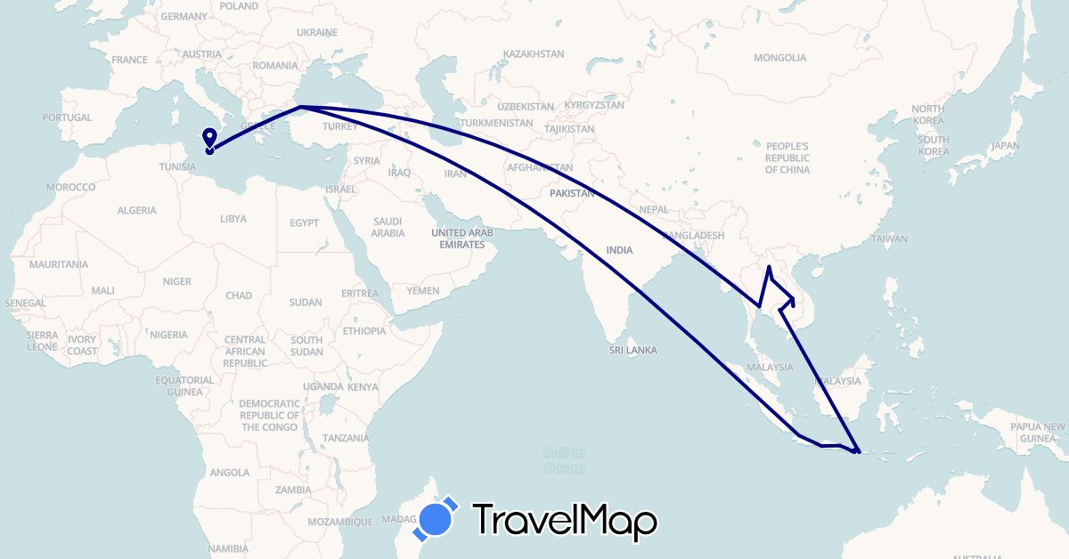 TravelMap itinerary: driving in Indonesia, Cambodia, Laos, Malta, Thailand, Turkey (Asia, Europe)