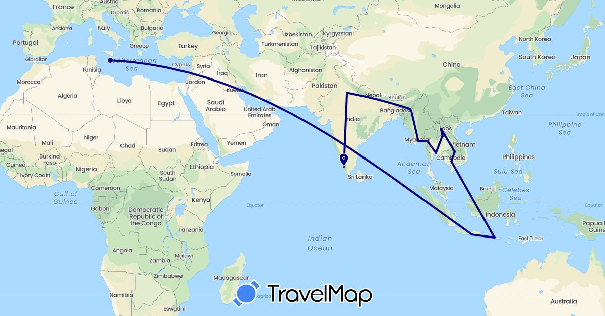 TravelMap itinerary: driving in Indonesia, India, Cambodia, Laos, Myanmar (Burma), Malta, Thailand (Asia, Europe)